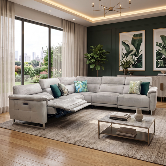 ‘Moet' Opulence Cedar Fabric Large Power Recliner Corner Sofa with Telescopic Headrests Furniture Village