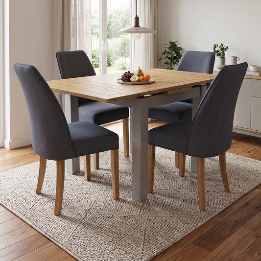‘Hamilton’ Solid American Oak Draw Leaf Extending Dining Table with Charcoal Grey Fabric Dining Chairs - Set of 4 Furniture Village