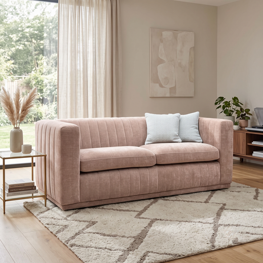 ‘Astoria’ Vintage Coral Sands Pink Chenille Fabric 3 Seater Sofa Sofology