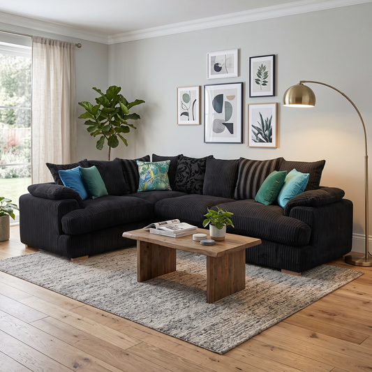 'Celine' Black Celine Cord Fabric Right Arm Facing 2 Seater Pillow Back Corner Sofa DFS