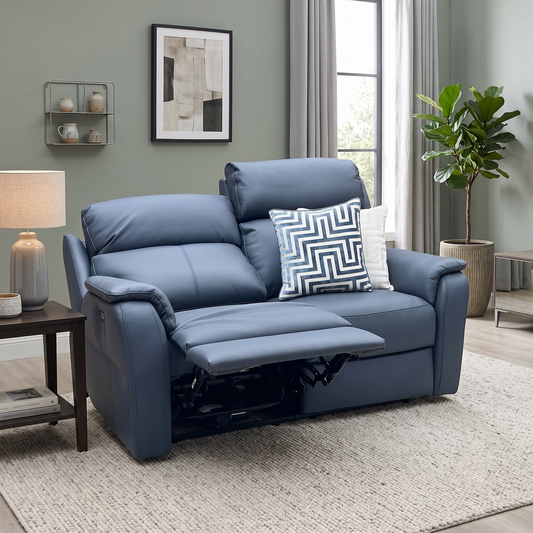 Nicoletti ‘Vito’ Torello Blu 81 Blue Leather 2 Seater Power Recliner Sofa with Power Headrests and Power Lumbar Sofology