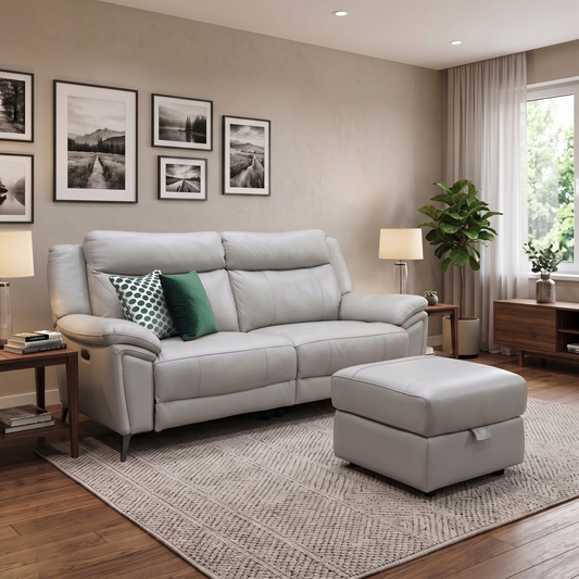 ‘Panache’ Lead Grey Cat-60_23 Leather 3 Seater Power Recliner Sofa + Storage Footstool Furniture Village
