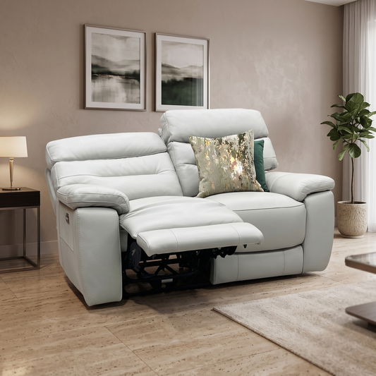 ‘Nimbus’ Feather Grey Leather 2 Seater Power Recliner Sofa with Power Headrests and Power Lumbar Furniture Village