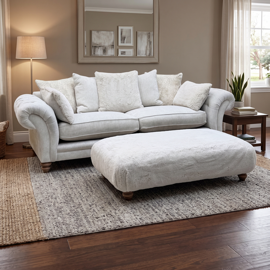 ‘Blenheim’ Darwin Ivory Fabric 4 Seater Scatter Back Sofa + Large Fur Footstool
