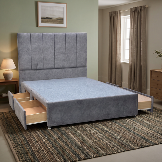 ‘Clancy’ Dapple Mink Fabric Floor Standing Headboard + 2 Draw Divan Base - King Furniture Village