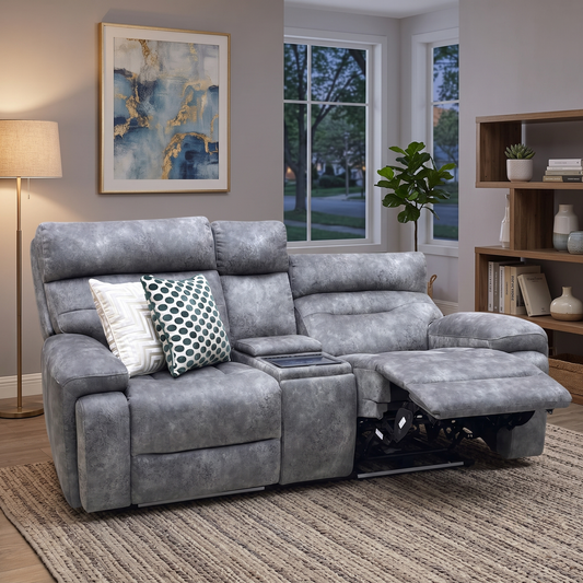 ‘Cinemax’ Marque Seal Grey Mq-0106 Velvet Fabric 2 Seater Media Console Power Recliner Sofa with Power Headrests Furniture Village