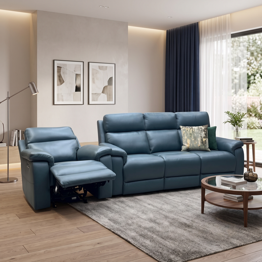 ‘Raven’ Oslo Peacock Green Leather 3 Seater Sofa + Power Chair Furniture Village