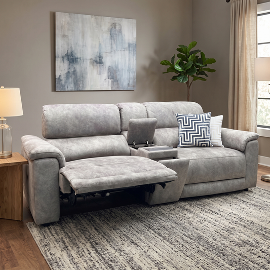 ‘Genius’ Marble Charcoal Grey Velvet Fabric 3 Seater Power Recliner Media Sofa with Power Headrests, Power Lumbar and Bluetooth Speakers Furniture Village