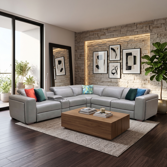 ‘Ankara’ Mushroom Grey Leather Large Modular Power Recliner Corner Sofa with Storage, Cup holders, Wireless Charging and Reading Light Direct From Manufacturer