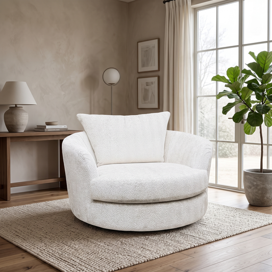 ‘Pandora’ Chevron Ivory White Fabric Large Swivel Chair – view 2