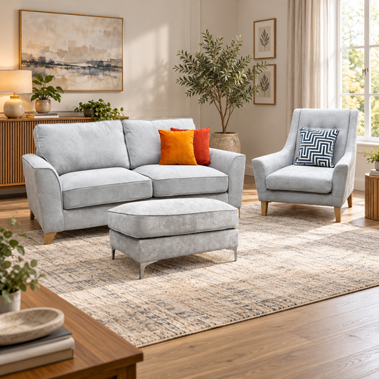 Legend Kingston silver fabric sofa, accent chair and footstool set in a living room with a beige rug