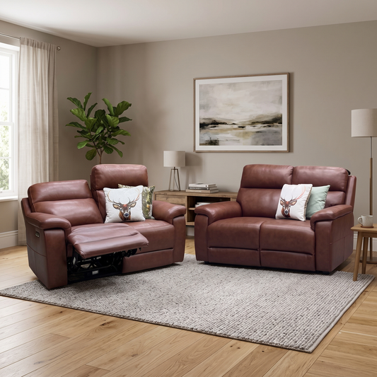 ‘Raven’ Montana Butterscotch Cat-60 07 Brown Leather Set: 2 Seater Power Recliner + 2 Seater Standard Sofa Set – view 2