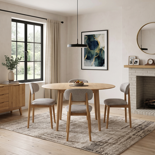 ‘Stockholm’ Light Oak Solid Oak Round Extending Dining Table with Light Oak Set of 4 Wooden Dining Chairs – view 2