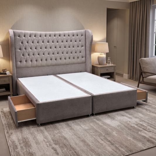 Artisan Collection ‘Camber’ 904 Warm Onyx Brown Velvet Fabric High Floor Standing Headboard + 2 Draw Divan Base – view 2