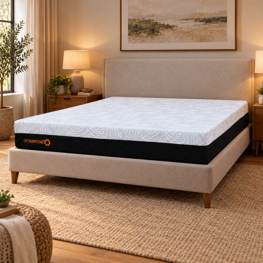 Dormeo Octaspring Mistral memory foam king mattress on a beige upholstered bed in a bedroom