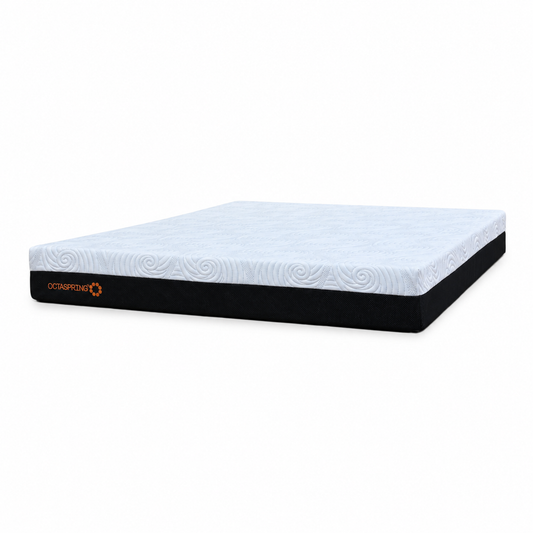 Dormeo Octaspring Mistral medium firm memory foam king mattress with a white swirl cover and black border