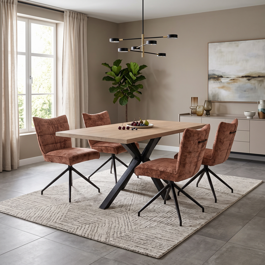 'Saturn' Solid Oak Compact 135cm Fixed Dining Table with Rust Sumptuous Velvet Dining Chairs - Set of 4 – view 2