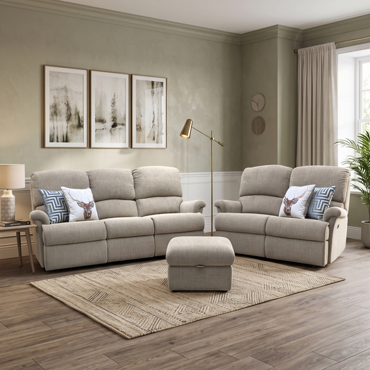 Sherborne ‘Nevada’ Beige Fabric 3 + 2 Seater Power Recliner Sofa Set + Storage Footstool – view 2