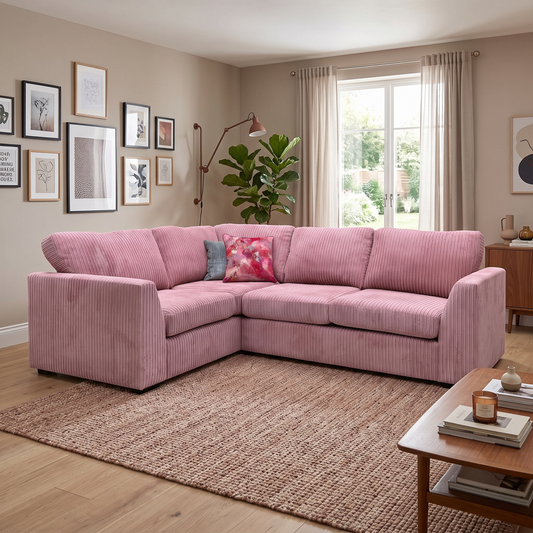 ‘Heydon’ Blush Pink Marley Jumbo Cord Fabric Right Hand Facing Arm Open End Deluxe Corner Sofa Bed – view 2
