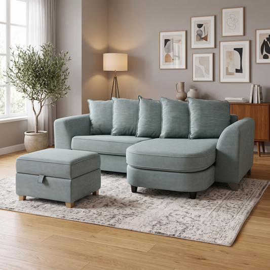 'Lorella' Duck Egg Blue Fabric Pillow Back 4 Seater Lounger with Storage Footstool
