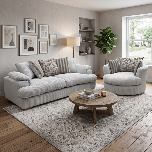 ‘Celine’ Mink and Mocha Jumbo Cord Fabric 4 Seater Pillow Back Sofa with Large Swivel Chair