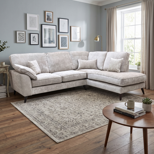 ‘Theodore’ Celine Husk Grey Fabric Right Hand Facing Corner Sofa