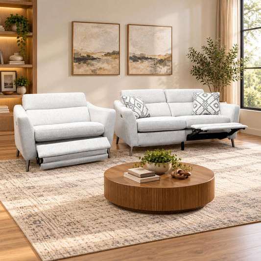 ‘Moderna’ Blr Pearl Grey Chr Fabric 2 Seater Power Recliner Sofa + Power Snuggler Chair