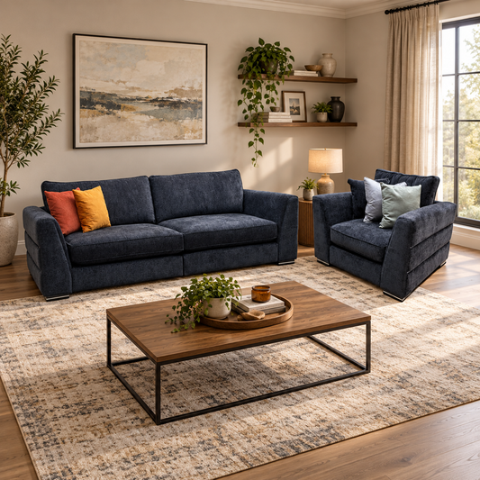 Bellissimo mirage black fabric 4 seater sofa and armchair in a living room with a rectangular wooden coffee table