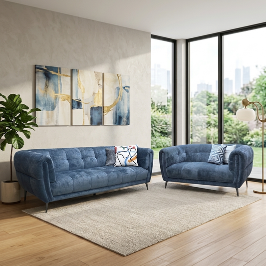 Ideal Home 'Sienna' Hudson Ocean Blue Fabric 3 Seater + Cuddler Chair Sofa Set