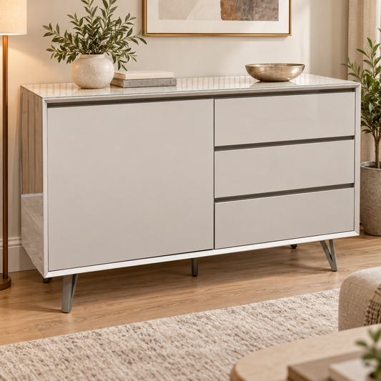 Mirage taupe ceramic top sideboard in a living room with a floor lamp, olive plant and cream rug