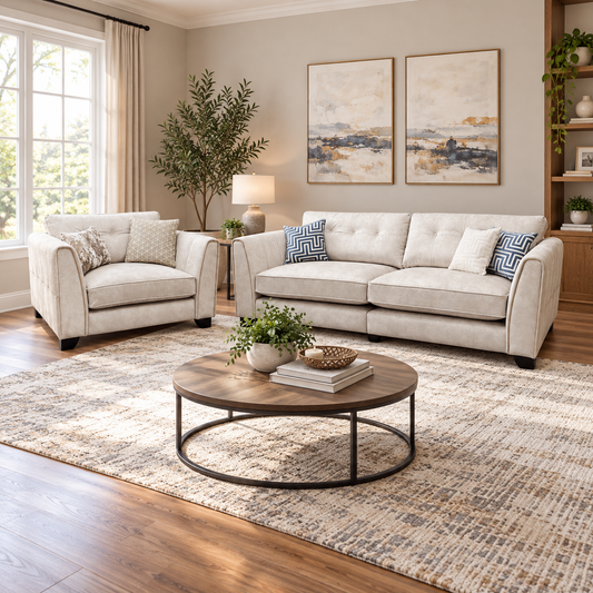 Mariah ivory velvet 4 seater sofa and snuggler chair in a living room with a round wooden coffee table