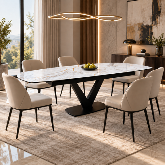 ‘Jose’ White Fiorentino Marble Effect Ceramic Top 200cm Pop Up Extending Dining Table
