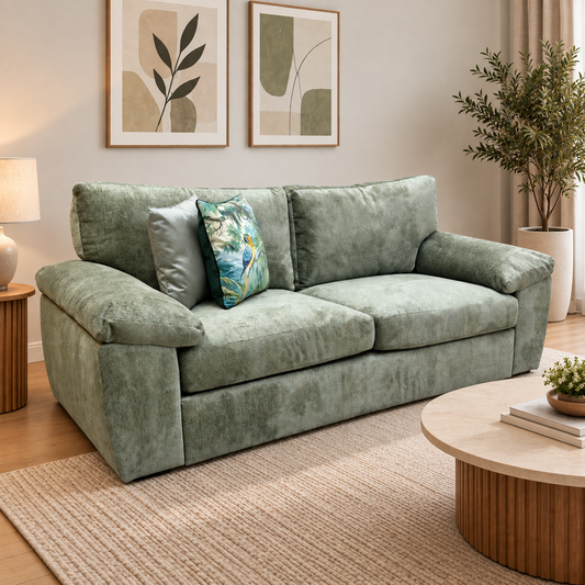 Salerno olive green fabric 3 seater sofa in a living room with botanical prints and a round wooden coffee table