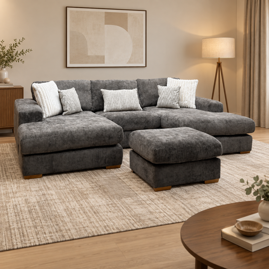 Broadgate chocolate brown woven fabric U-shape sofa and footstool in a living room with a beige rug