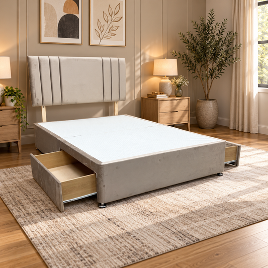 Norman beige velvet double divan bed in a bedroom with both drawers open and bedside tables