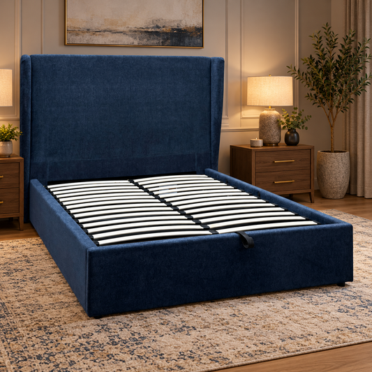 Winston navy blue fabric ottoman double bed in a bedroom with a winged headboard and slatted base