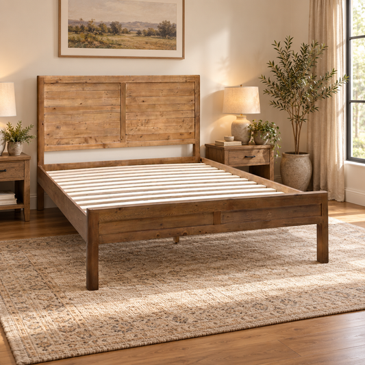 Duncan dark oak reclaimed pine king bed in a bedroom with matching bedside tables and table lamps