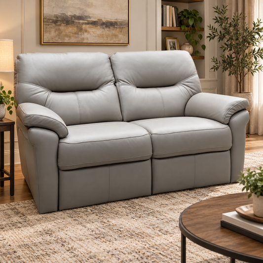 G Plan Seattle mushroom grey leather 2.5 seater sofa in a living room with a rug and round coffee table