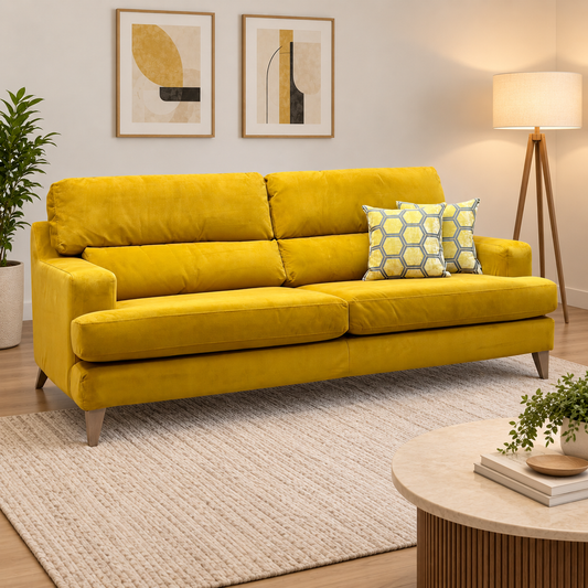 Romilly golden spice yellow velvet 4 seater sofa in a living room with a tripod floor lamp