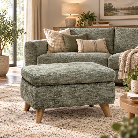 Malmo olive green fabric storage footstool in a living room in front of a matching sofa