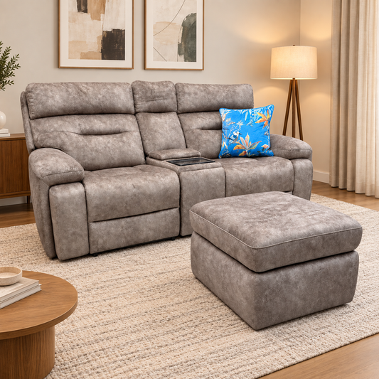 Cinemax brown velvet 2 seater media recliner sofa and footstool in a living room with a cream rug and floor lamp