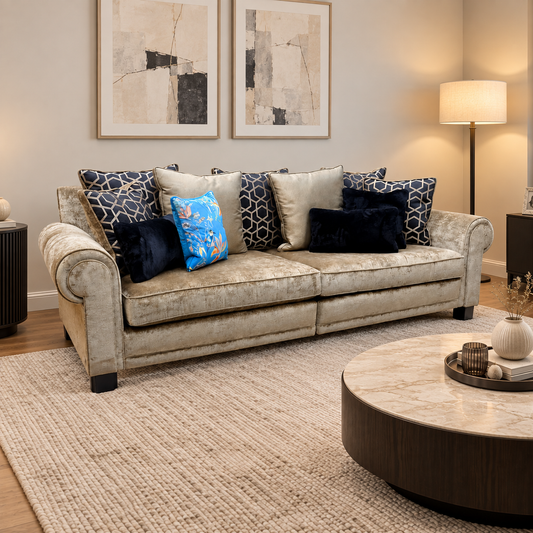 Duresta 'Ambassador' Monarch Gold-Fitz Eby Ft Velvet Fabric Grand 4 Seater Split Frame Scatter Back Sofa
