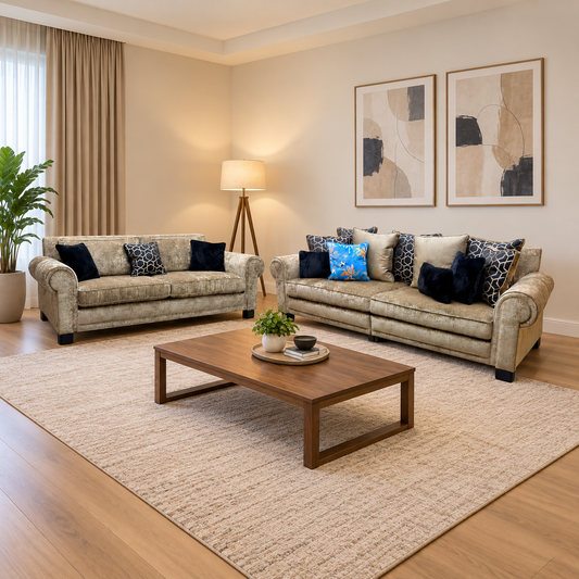 Duresta 'Ambassador' Monarch Gold-Fitz Eby Ft Velvet 4 Seater Split Frame Scatter Back + 3 Seater Classic Back Sofa Set