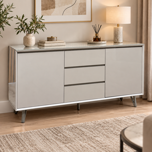 Mirage neutral marble-effect ceramic top sideboard in a living room styled with a lamp, vase and reed diffuser