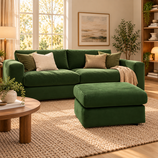 G Plan Thornbury vine green velvet footstool in a living room beside a matching green sofa