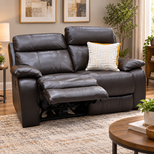 Moreno dark brown leather 2 seater power recliner, left seat reclined, in a living room with a round coffee table