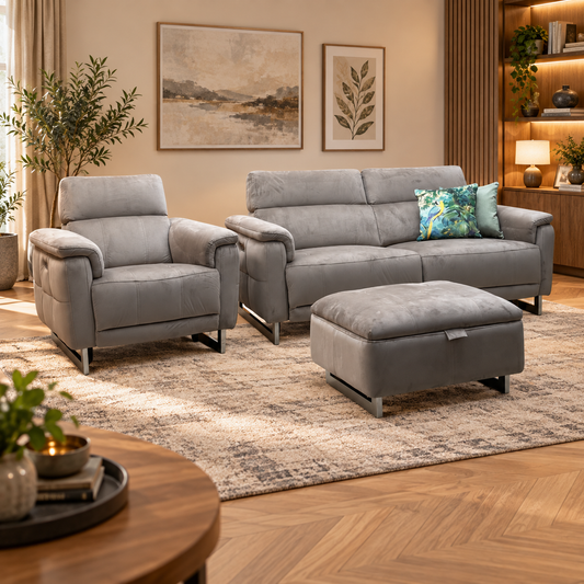 Moet cedar velvet sofa, power chair and storage footstool set in a living room with a patterned rug