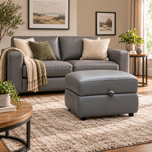 Missouri elephant grey leather storage footstool in front of a matching grey sofa in a living room