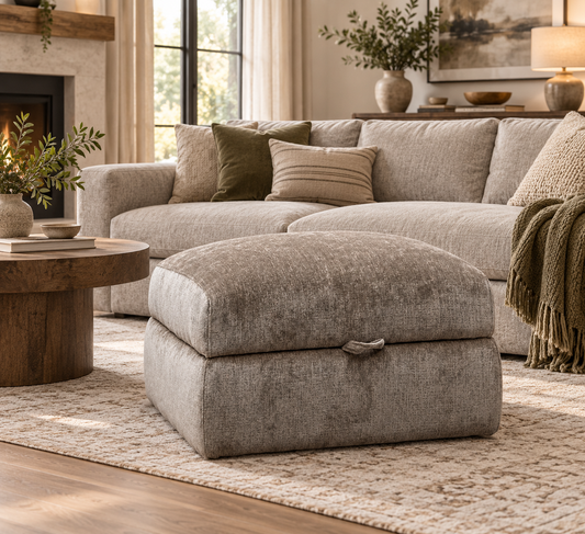 Gemini brown fabric storage footstool in a living room in front of a sofa and round wooden coffee table