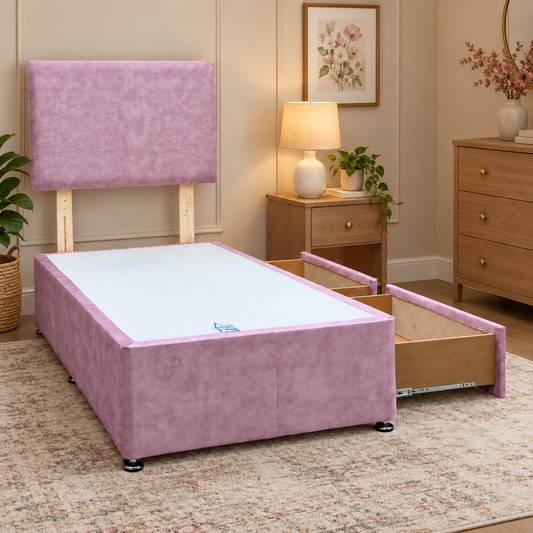 Rosie spice pink velvet single divan base and headboard in a bedroom with the two side drawers open